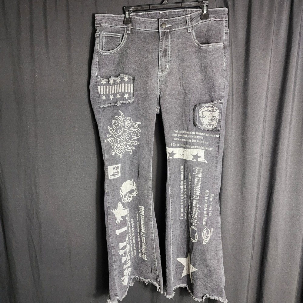 Y2K Graphic Skull Star Gothic Print Flare Jeans Washed Black Frayed Hem women 2x
